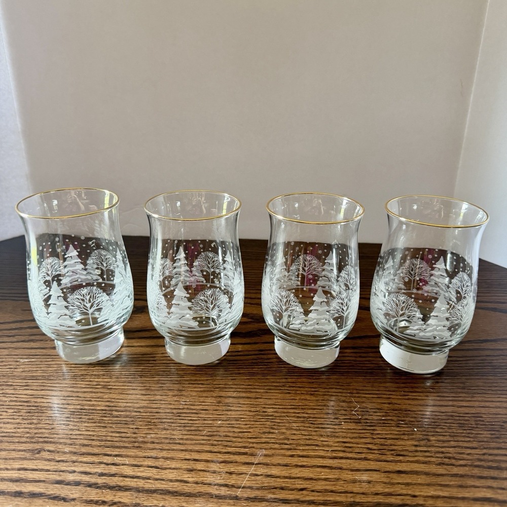 Vintage Libbey Winter Wonderland Glasses Etched Pine Tree Gold Rim 5 1/4" (4)